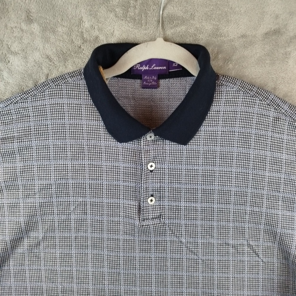 Ralph Lauren Purple Label Shirt Mens XL Grey Blue Houndstooth Polo Short Sleeve